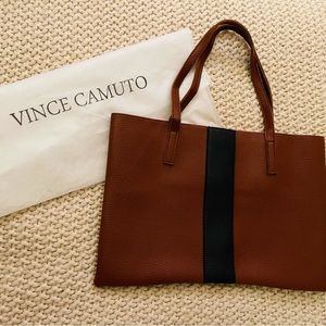 Vince Camuto Brown Pebbled Vegan Leather Tote with Black Stripe